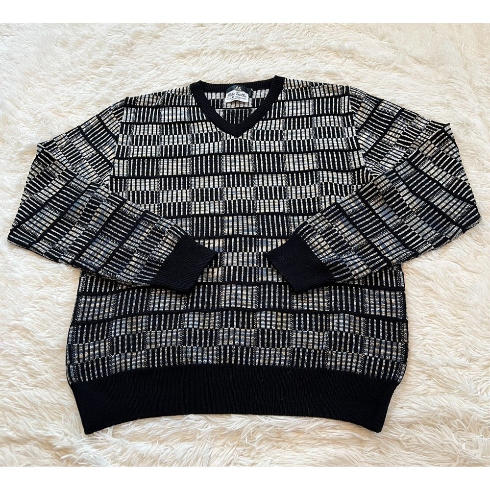 Vtg Montechiaro Mens Sweater Large Black Y2K Patchwork 3D Italy Grandpa 15820x